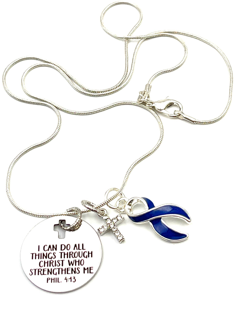 Dark Navy Blue Ribbon Necklace - I Can Do All Things Through Christ