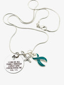 Teal Ribbon Necklace - I Can All Things Through Christ Who Strengthens Me