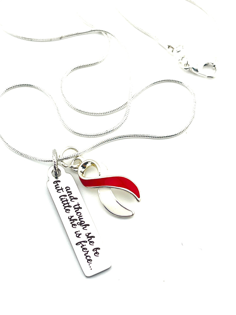 Red & White Ribbon Necklace - and Though She Be But Little, She Is Fierce - Rock Your Cause Jewelry