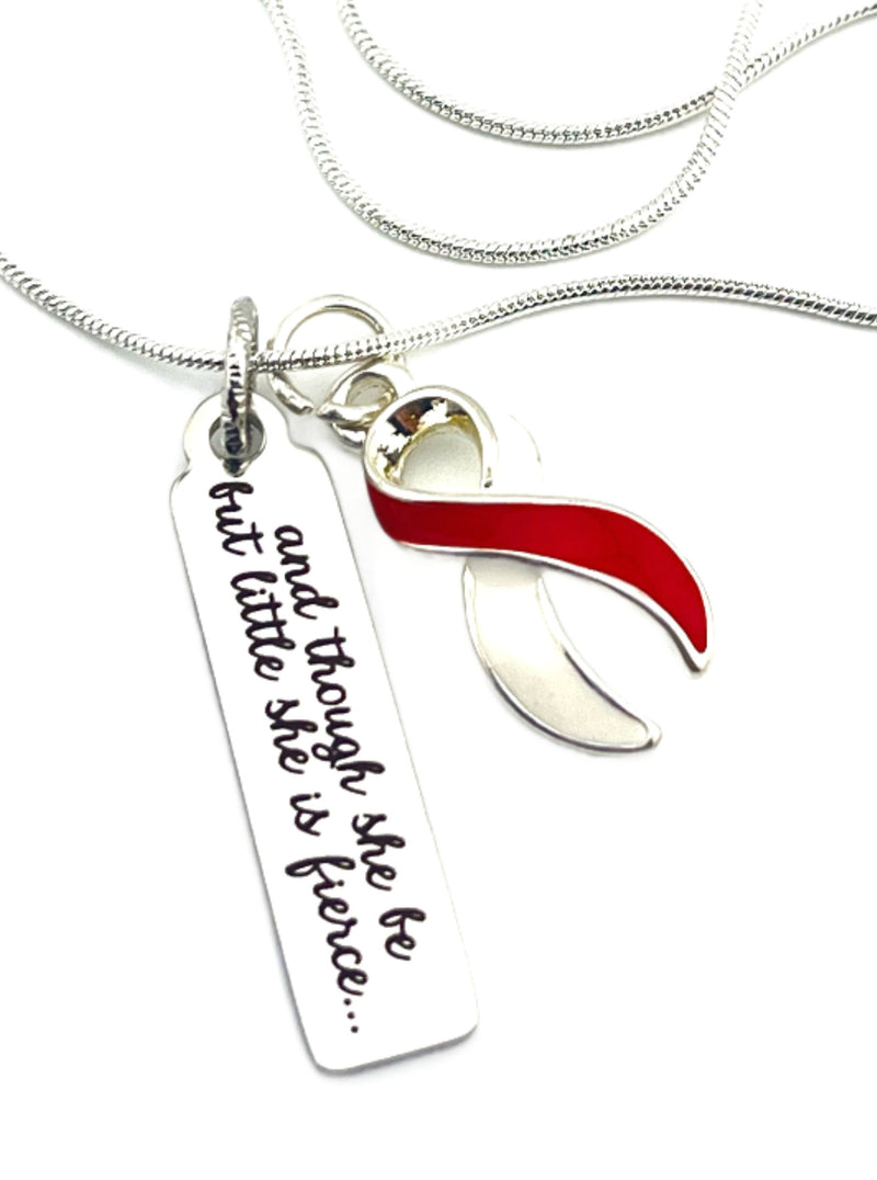 Red & White Ribbon Necklace - and Though She Be But Little, She Is Fierce - Rock Your Cause Jewelry