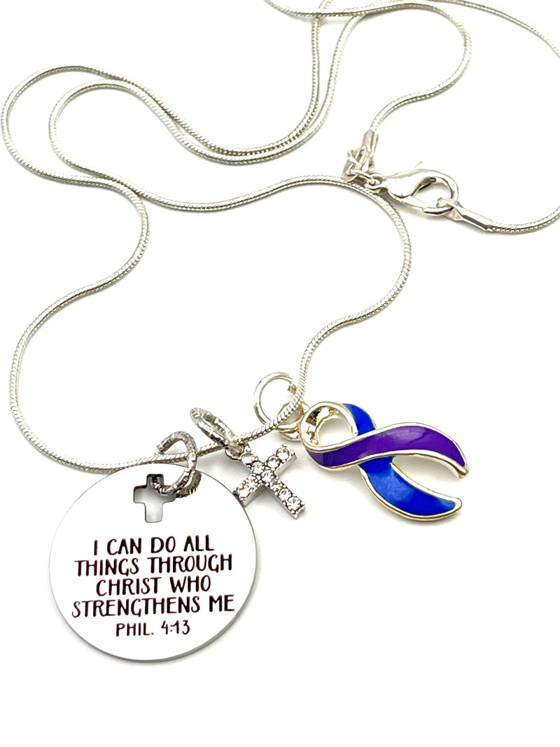 Blue & Purple Ribbon - I Can Do All Things Through Christ Necklace