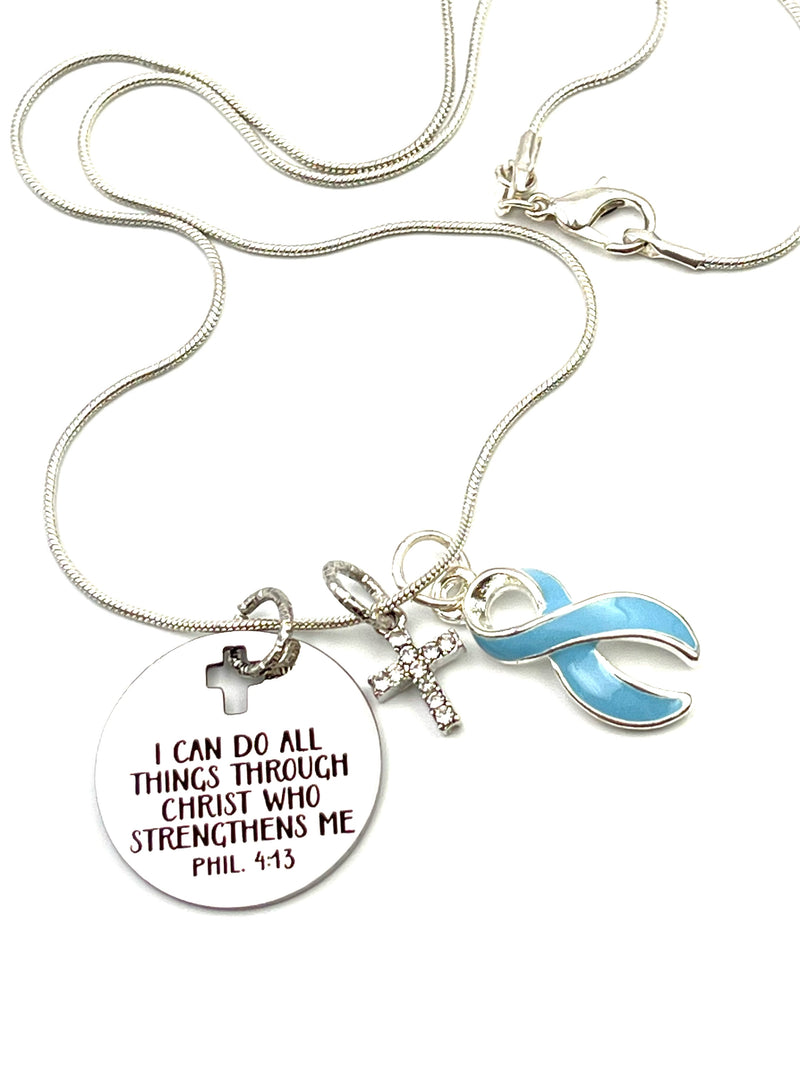 Light Blue Ribbon Necklace -  I Can Do All Things Through Christ