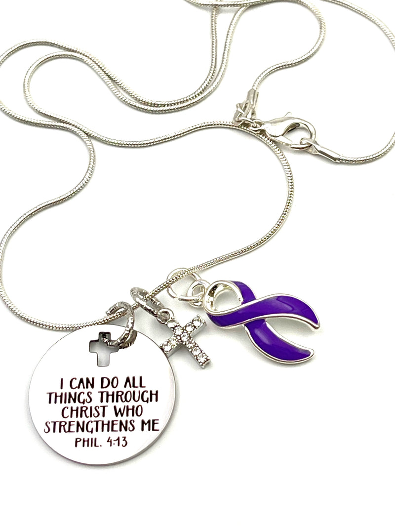 Purple Ribbon Necklace - I Can Do All Through Christ Who Strengthens Me
