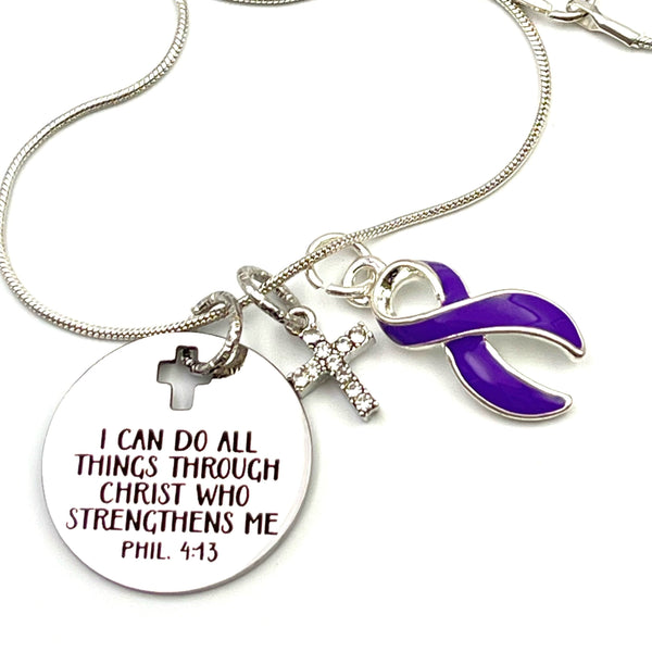 Violet Purple Ribbon Necklace - I Can Do All Things Through Christ