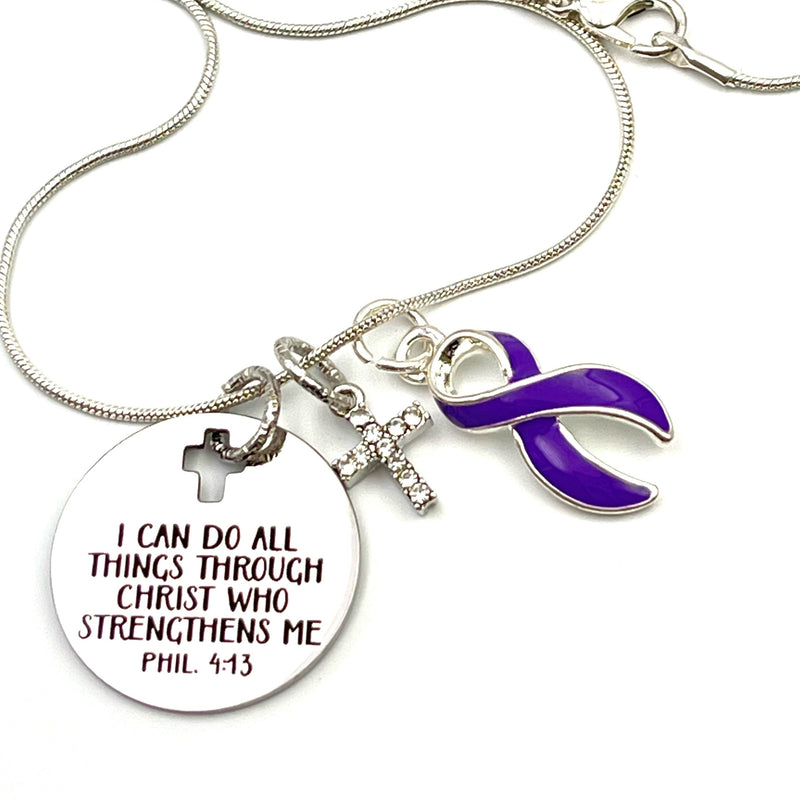 Purple Ribbon Necklace - I Can Do All Through Christ Who Strengthens Me