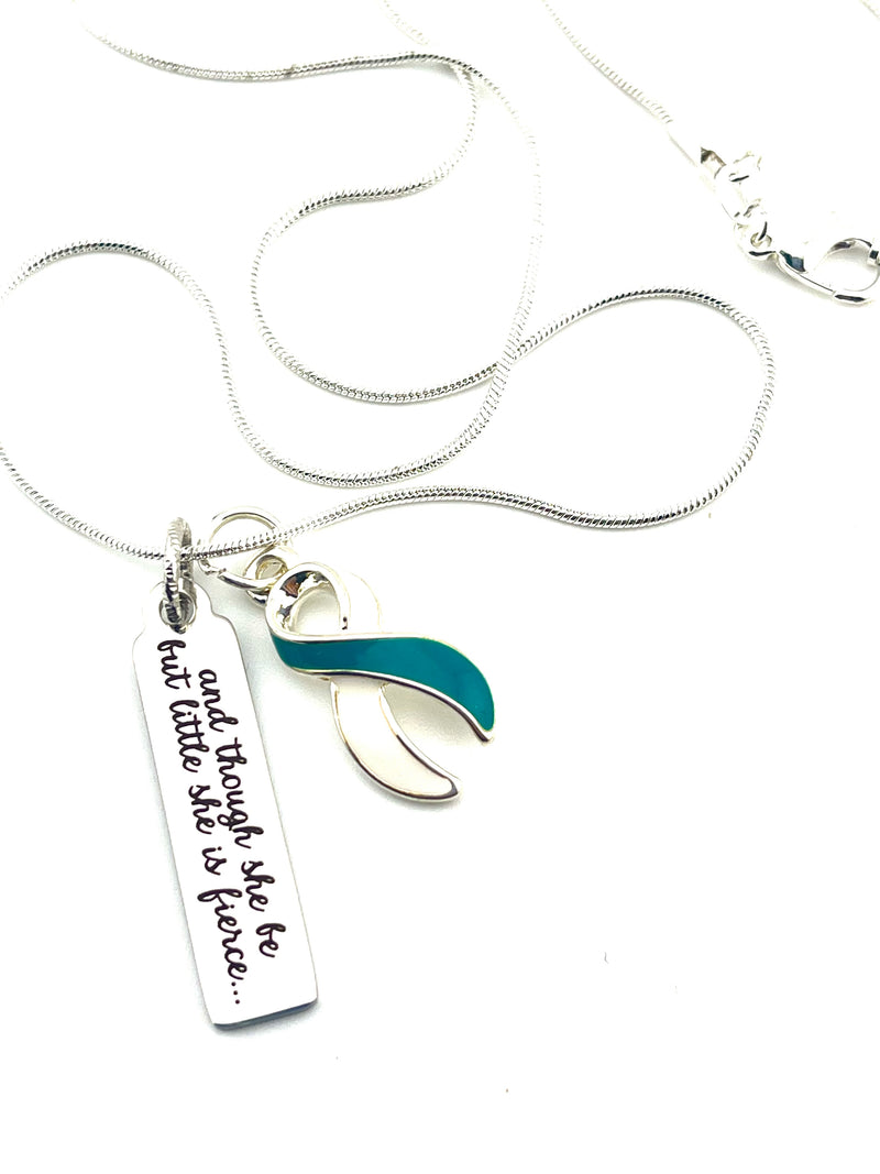 Teal & White Ribbon Necklace - and Though She Be But Little, She Is Fierce