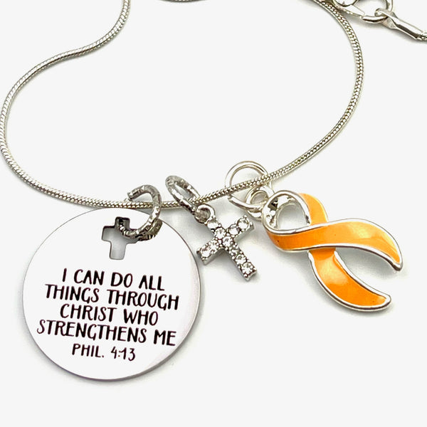 Peach Ribbon Necklace - Endometrial Cancer Awareness Gift - I Can Do All Things Through Christ