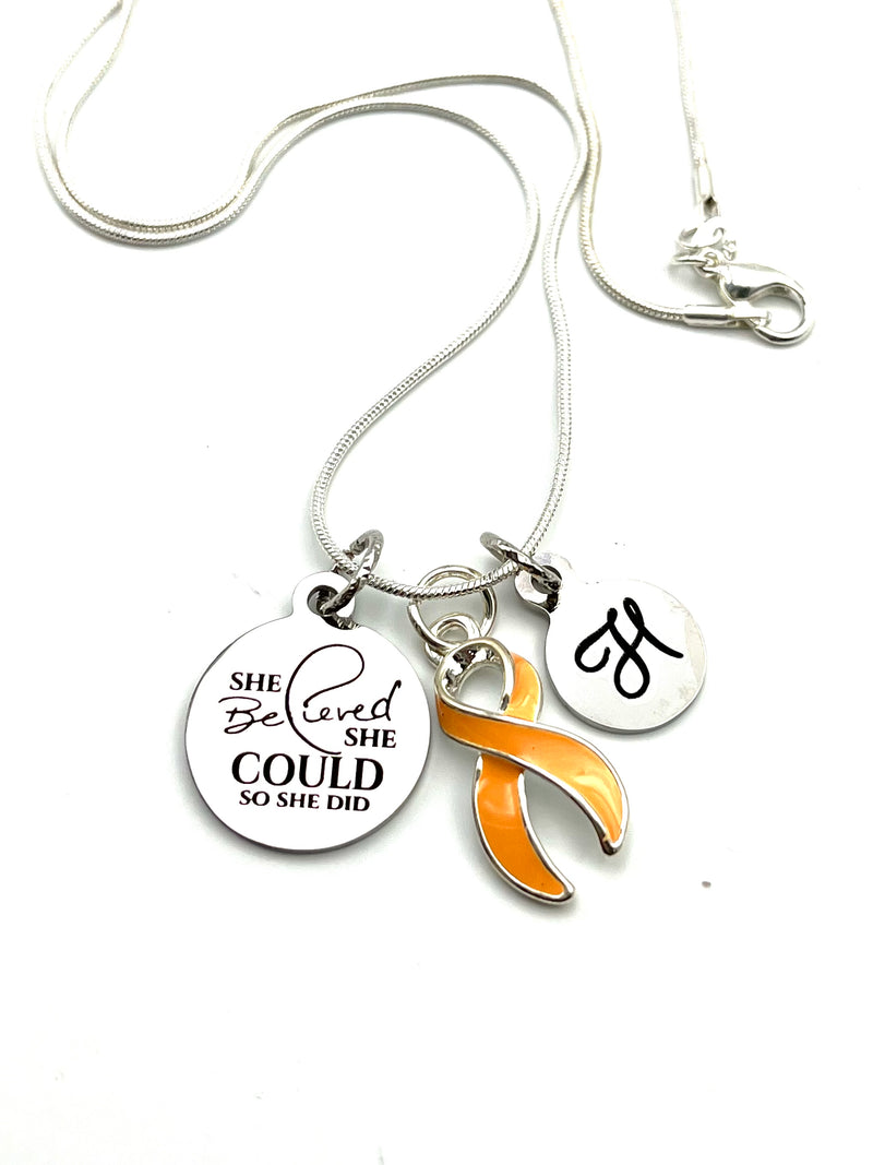 Peach Ribbon Necklace - She Believed She Could So She Did / Initial Necklace