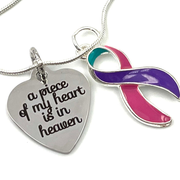 Pink Purple Teal (Thyroid) Awareness Ribbon - A Piece of my Heart is in Heaven / Memorial, Sympathy, Remembrance Gift