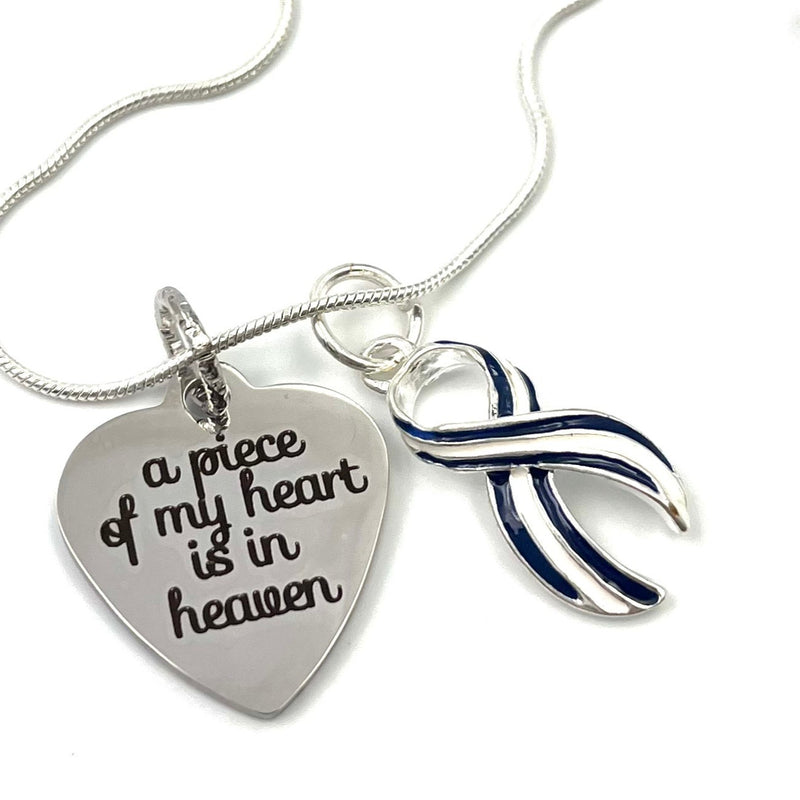 ALS / Blue & White Striped Ribbon Memorial Necklace - A Piece of my Heart is in Heaven Sympathy / Memorial Gift