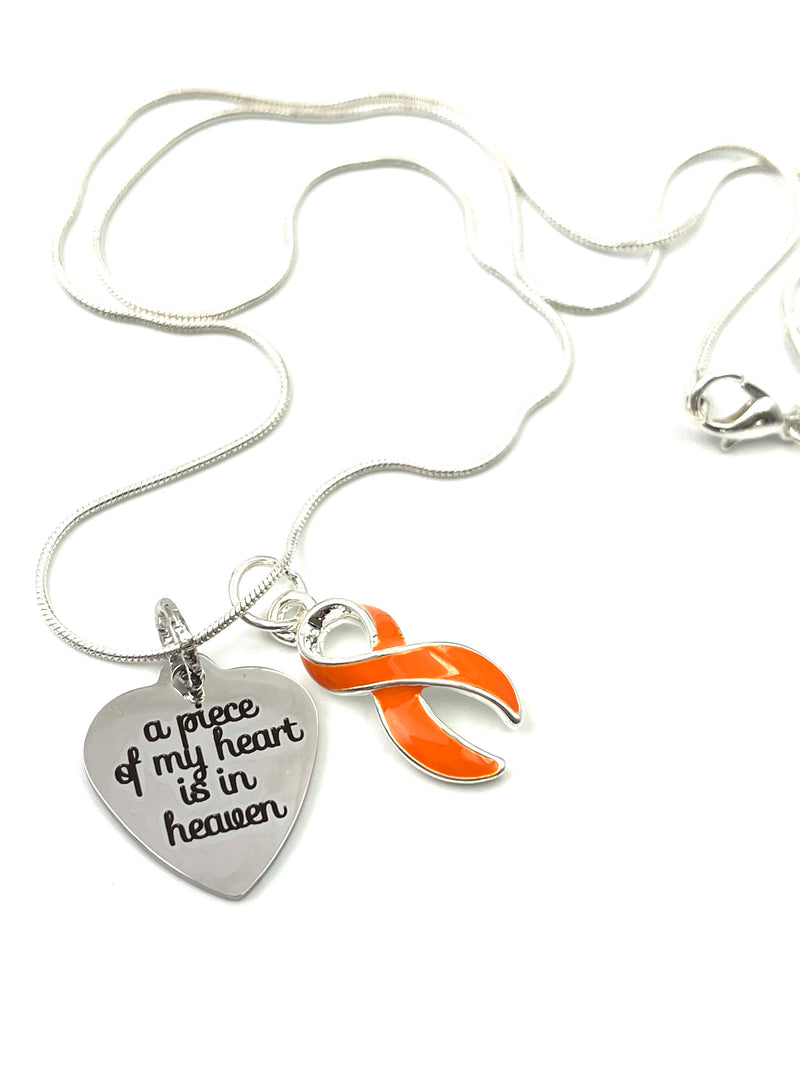 Orange Ribbon Memorial, Sympathy Necklace - A Piece of my Heart is in Heaven