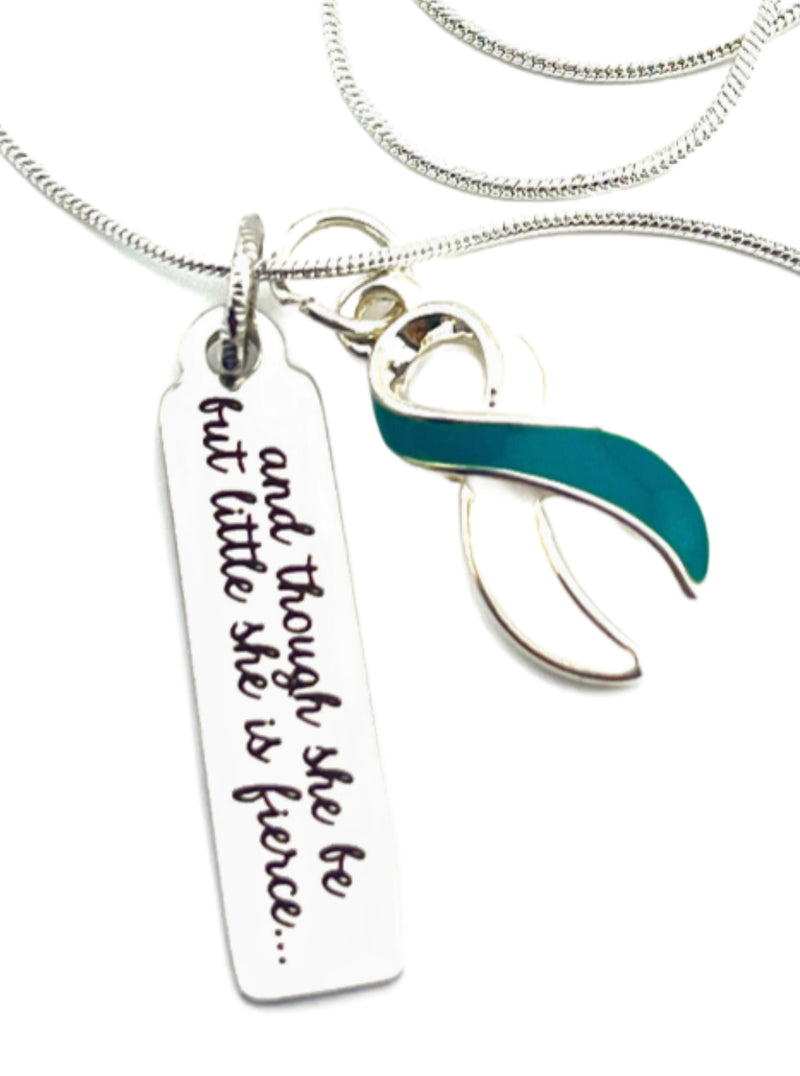 Teal & White Ribbon Necklace - and Though She Be But Little, She Is Fierce