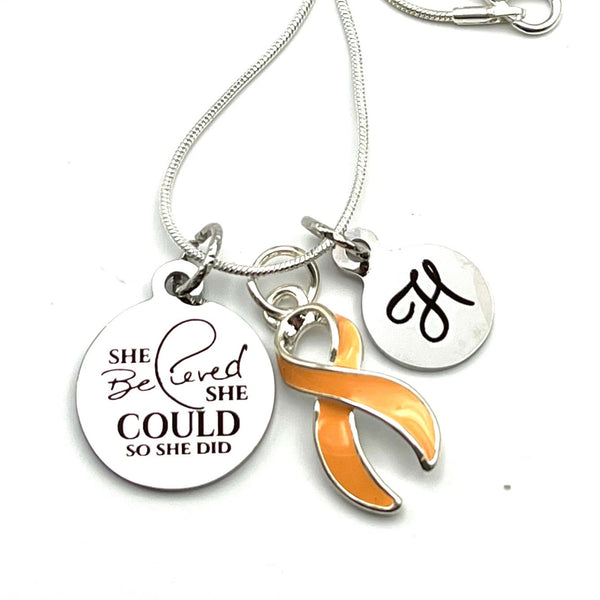 Peach Ribbon Necklace - She Believed She Could So She Did / Initial Necklace