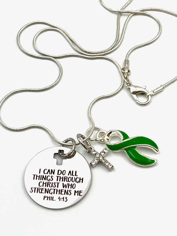 Green Ribbon Necklace - I Can Do All Through Christ Who Strengthens Me