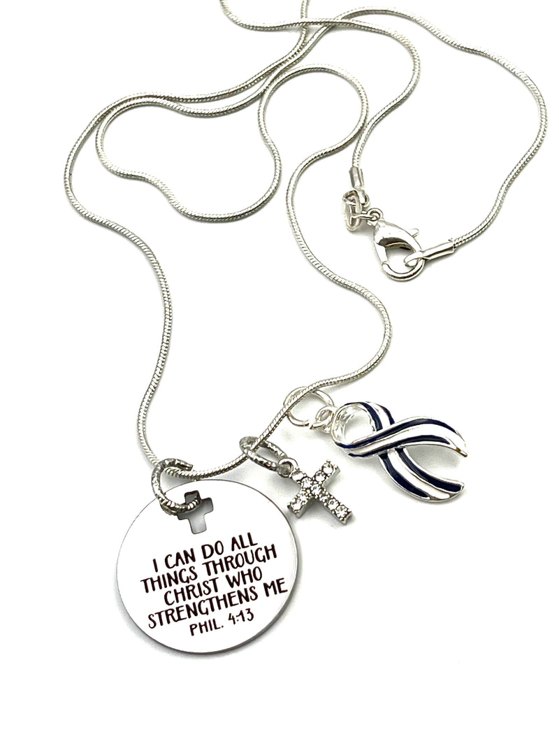 ALS / Blue & White Striped Ribbon Necklace - I Can Do All Things Through Christ Who Strengthens Me - Phil 4:13