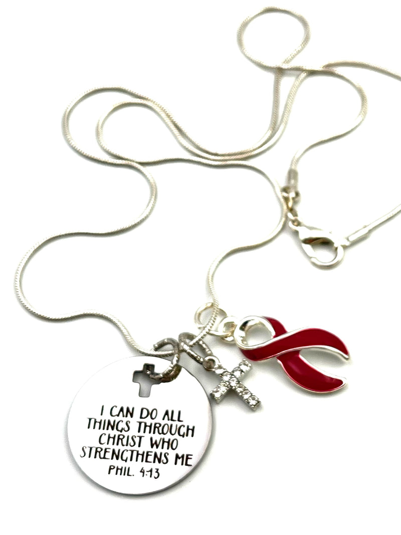 Burgundy Ribbon Necklace - I Can Do Anything Through Christ Who Strengthens Me