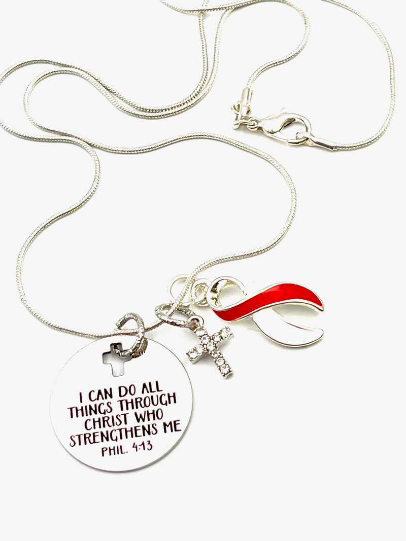 Red & White Ribbon Necklace - I Can Do All Things Through Christ Who Strengthens Me