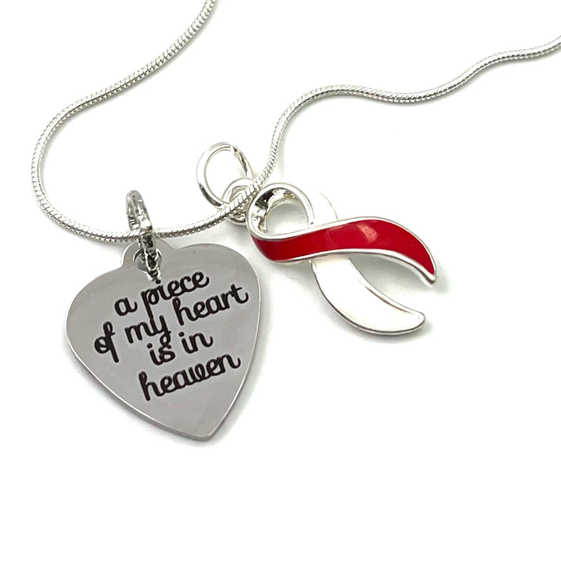 Red & White Ribbon - A Piece of my Heart Is In Heaven - Sympathy / Memorial Necklace