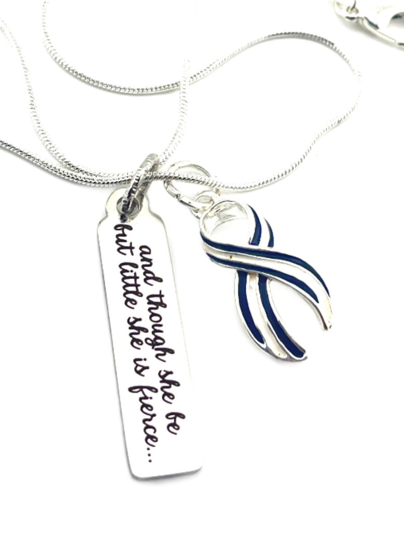 ALS / Blue & White Striped Ribbon and Though She Be But Little, She is Fierce Necklace