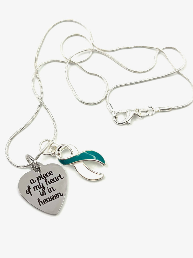 Teal & White Ribbon Necklace - A Piece of My Heart is In Heaven / Memorial, Sympathy Gift