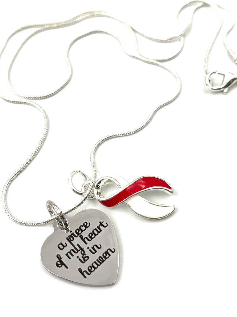 Red & White Ribbon - A Piece of my Heart Is In Heaven - Sympathy / Memorial Necklace