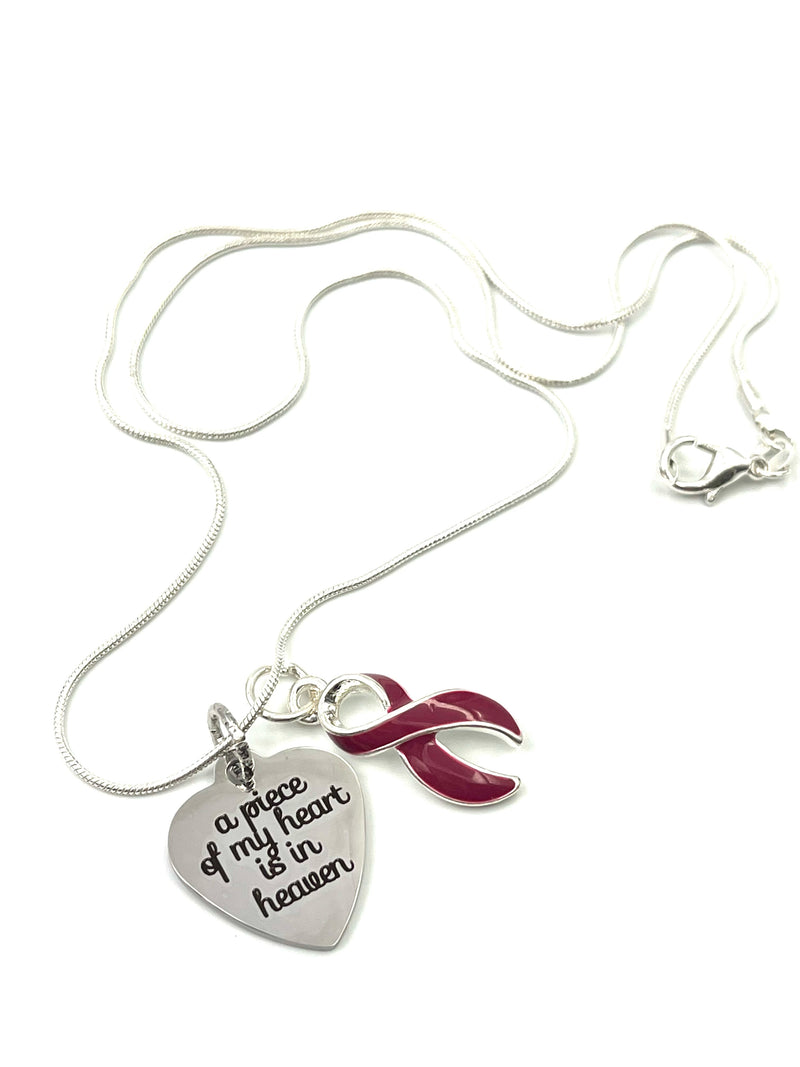 Burgundy Ribbon Sympathy / Memorial Necklace - A Piece of My Heart is in Heaven
