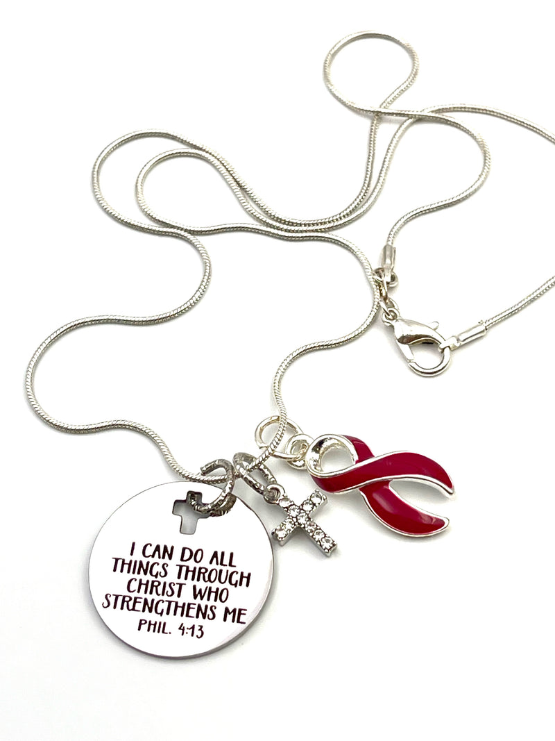 Burgundy Ribbon Necklace - I Can Do Anything Through Christ Who Strengthens Me