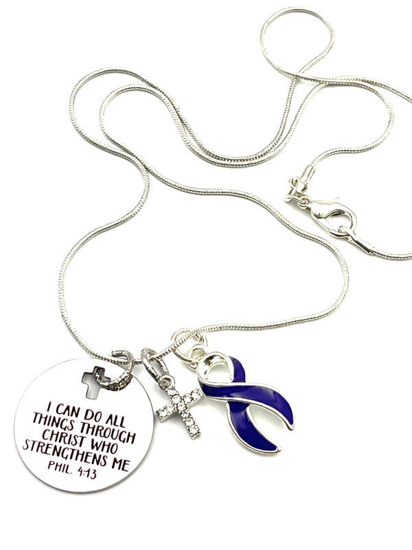 Dark Navy Blue Ribbon Necklace - I Can Do All Things Through Christ