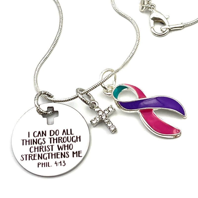 Pink Purple Teal (Thyroid) Ribbon - I Can Do All Things Through Christ