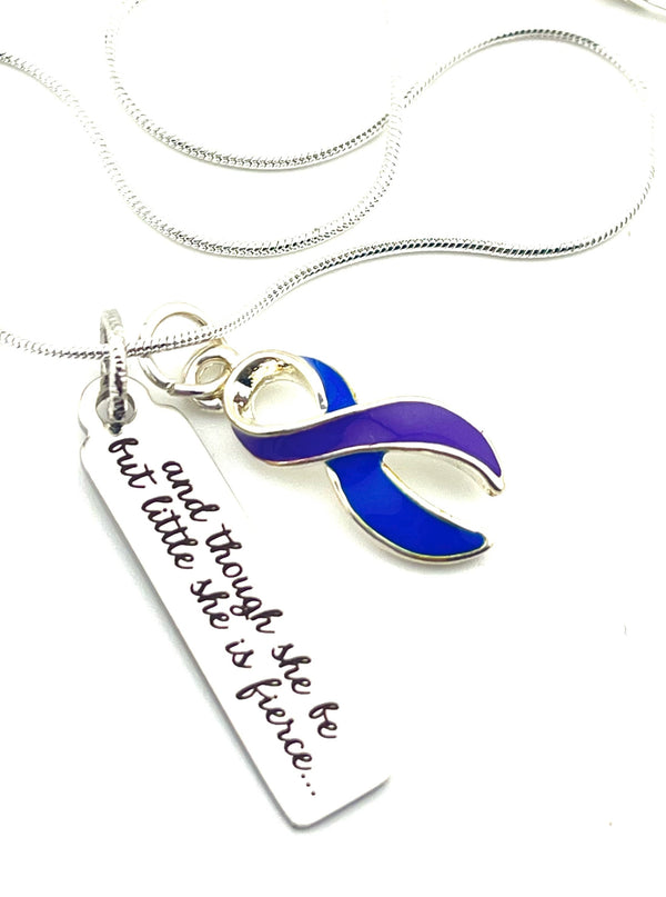 Blue & Purple Ribbon - and Though She be but Little, She is Fierce Necklace - Rock Your Cause Jewelry