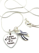 ALS / Blue & White Striped Ribbon Memorial Necklace - A Piece of my Heart is in Heaven Sympathy / Memorial Gift