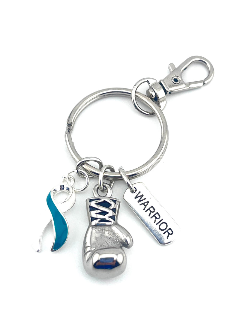 Teal & White Ribbon Keychain / Boxing Glove / Warrior Encouragement Gift