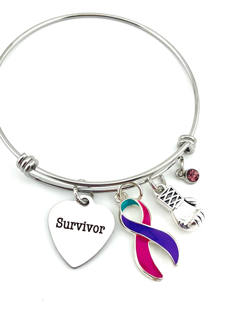 Pink Purple Teal Ribbon - Thyroid Cancer Survivor Charm Bracelet