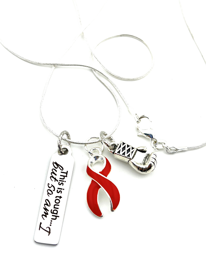 Red Ribbon Necklace - This Is Tough, But So Am I / Boxing Glove Necklace