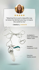 Pick Your Ribbon Necklace with healing clear crystal quartz pendant from RockYourCauseJewelry, featuring a colorful fabric ribbon and gemstone.