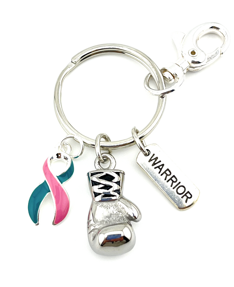 Pink & Teal (Previvor) Ribbon Keychain - Boxing Glove / Warrior Key Chain