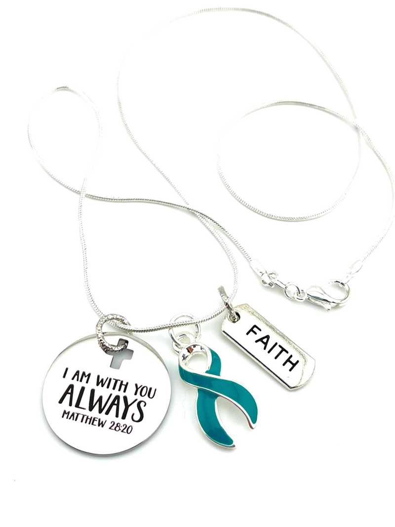 Teal Ribbon Necklace - I Am With You Always - Matthew 28:20