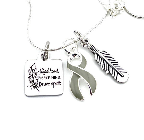 Gray (Grey) Ribbon Awareness Necklace - Kind Heart, Fierce Mind, Brave Spirit