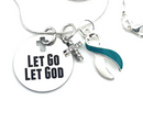 Teal & White Ribbon Charm -  Let Go, Let God Necklace