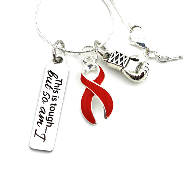 Red Ribbon Necklace - This Is Tough, But So Am I / Boxing Glove Necklace