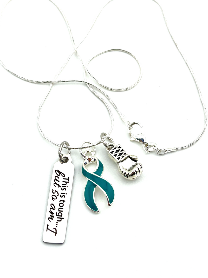 Teal Ribbon Necklace - This is Tough, But So Am I / Boxing Glove Charm