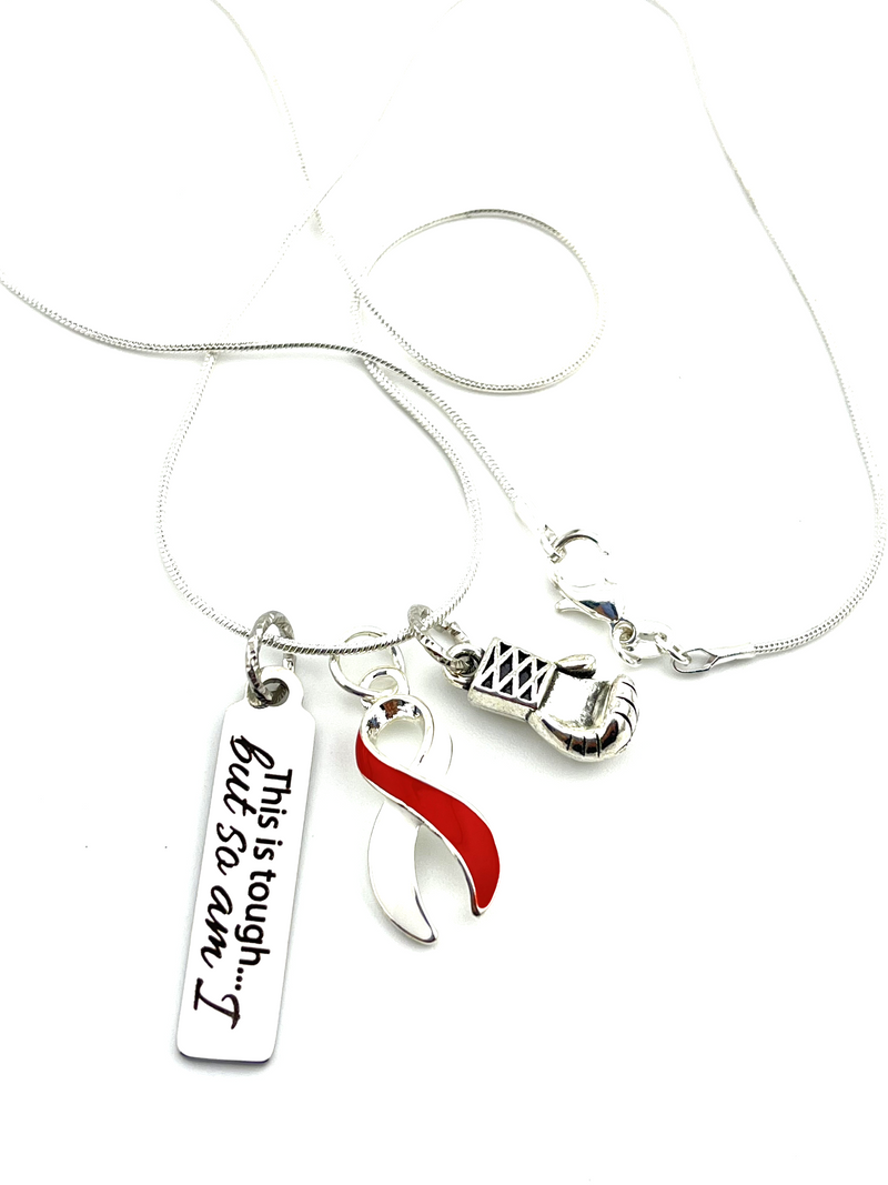 Red & White Ribbon - This Is Tough, But So Am I / Boxing Glove Necklace