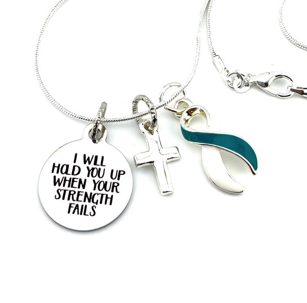 Teal & White Ribbon Charm Bracelet - I Will Hold You Up When Your Strength Fails / Encouragament Gift