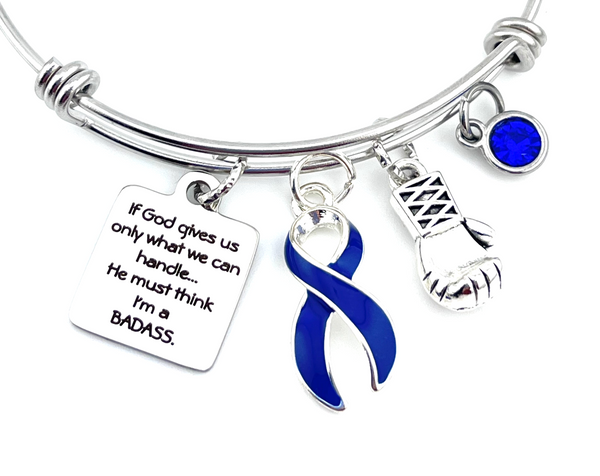 Dark Navy Blue Ribbon Charm Bracelet - If God Gives Us Only What We Can Handle, He Must Think I'm A Badass