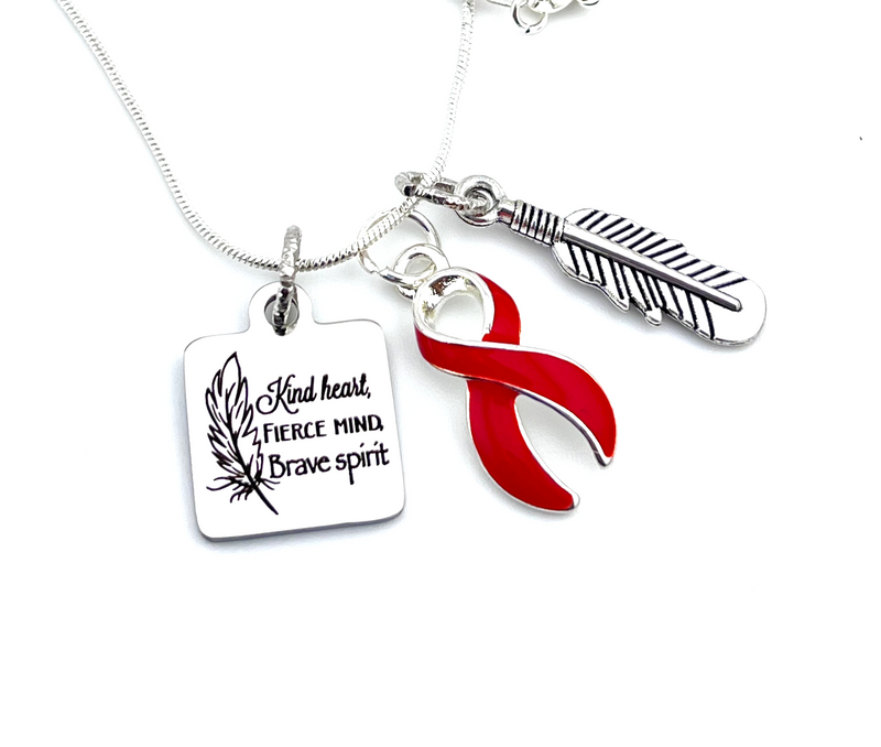 Red Ribbon Necklace - Kind Hear, Fierce Mind, Brave Spirit / Feather