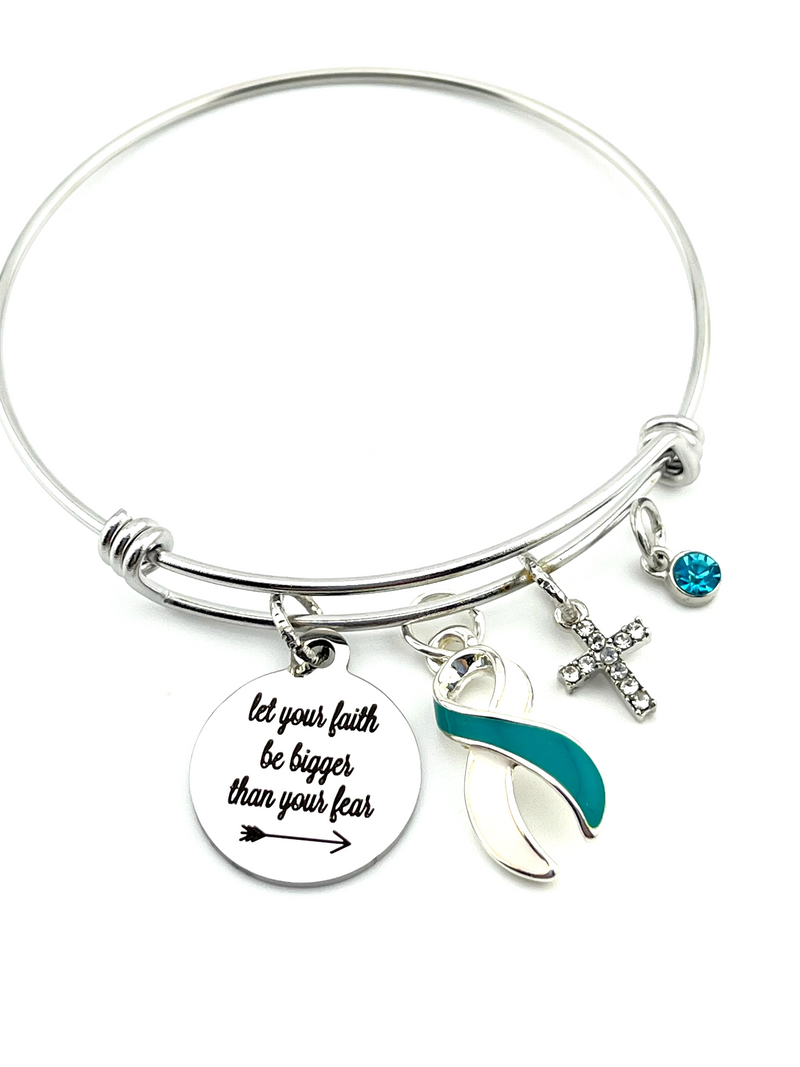 Teal & White Ribbon Charm Bracelet - Let Your Faith be Bigger than your Fear - Rock Your Cause Jewelry