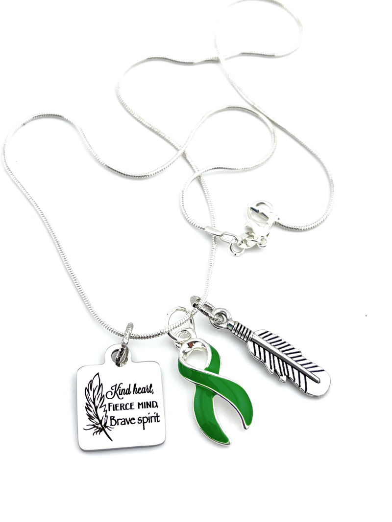 Green Ribbon Necklace - Kind Heart, Fierce Mind, Brave Spirit / Feather Necklace