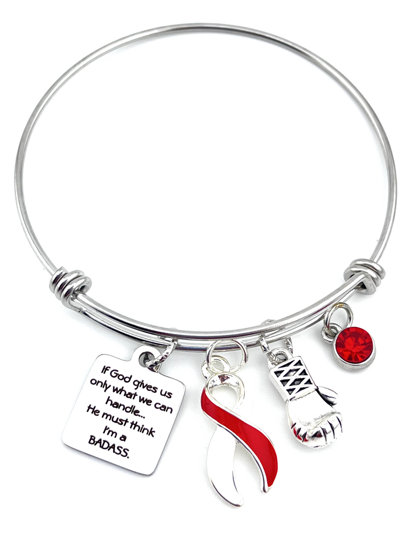 Red & White Ribbon Charm Bracelet - If God gives Us Only What We Can Handle ... He Must Think I'm a Badass