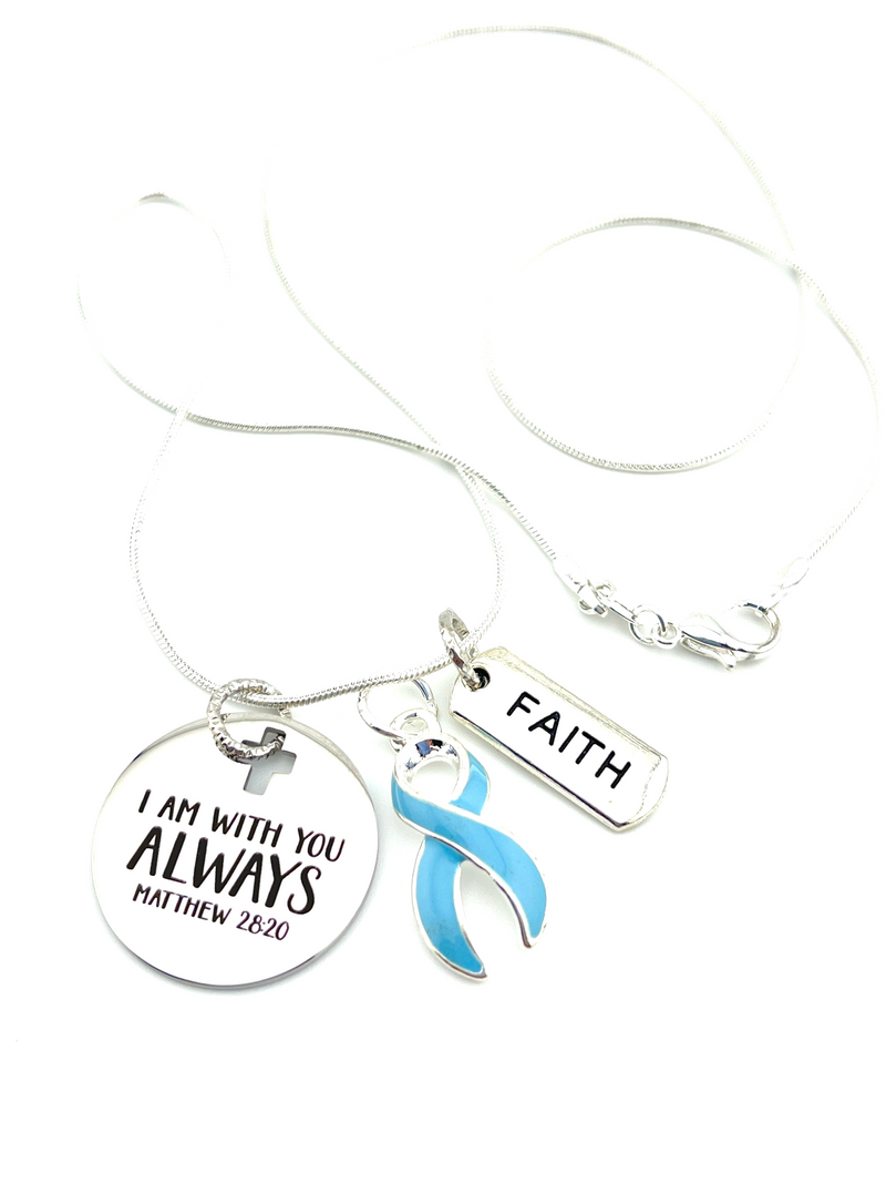 Light Blue Ribbon Necklace - I Am With You Always - Matthew 28:20