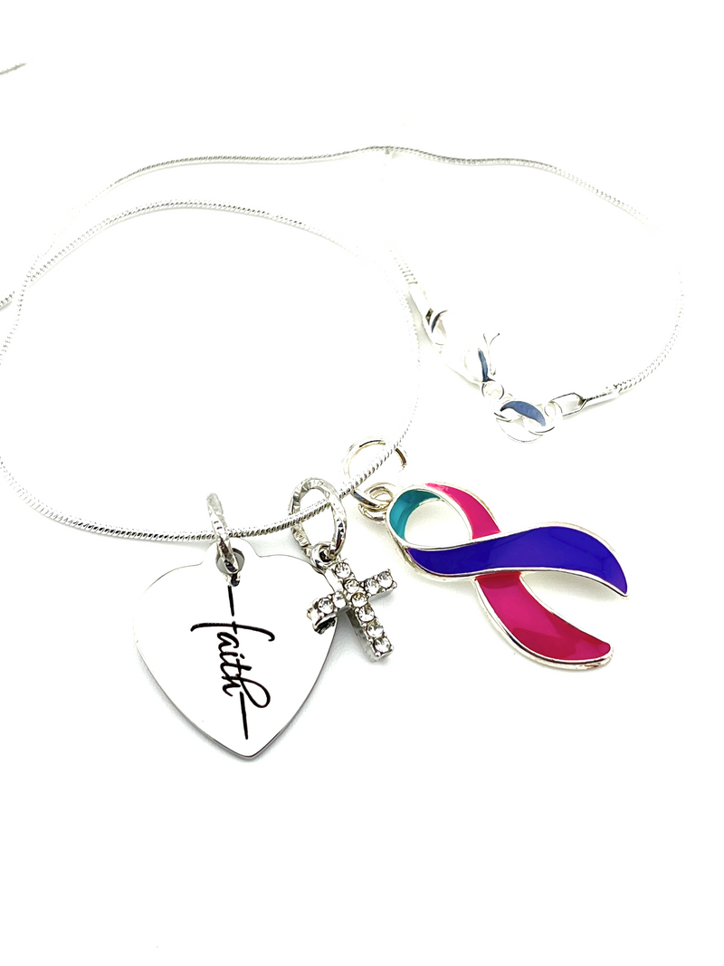 Pink Purple Teal (Thyroid) Ribbon Necklace - Faith